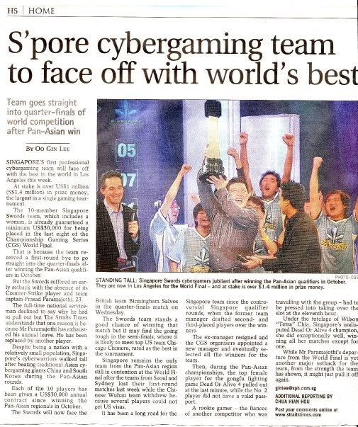 Newspaper clipping about Singapore cybergaming team facing the world's best.